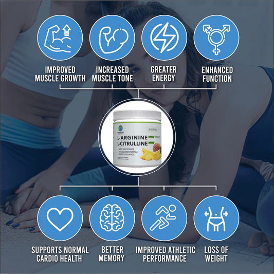 BlueEarth Company L-Arginine 5000mg + L-Citrulline 2000mg Complex Powder Supplement - Nitric Oxide Booster, Circulation, Energy & Endurance, Pineapple