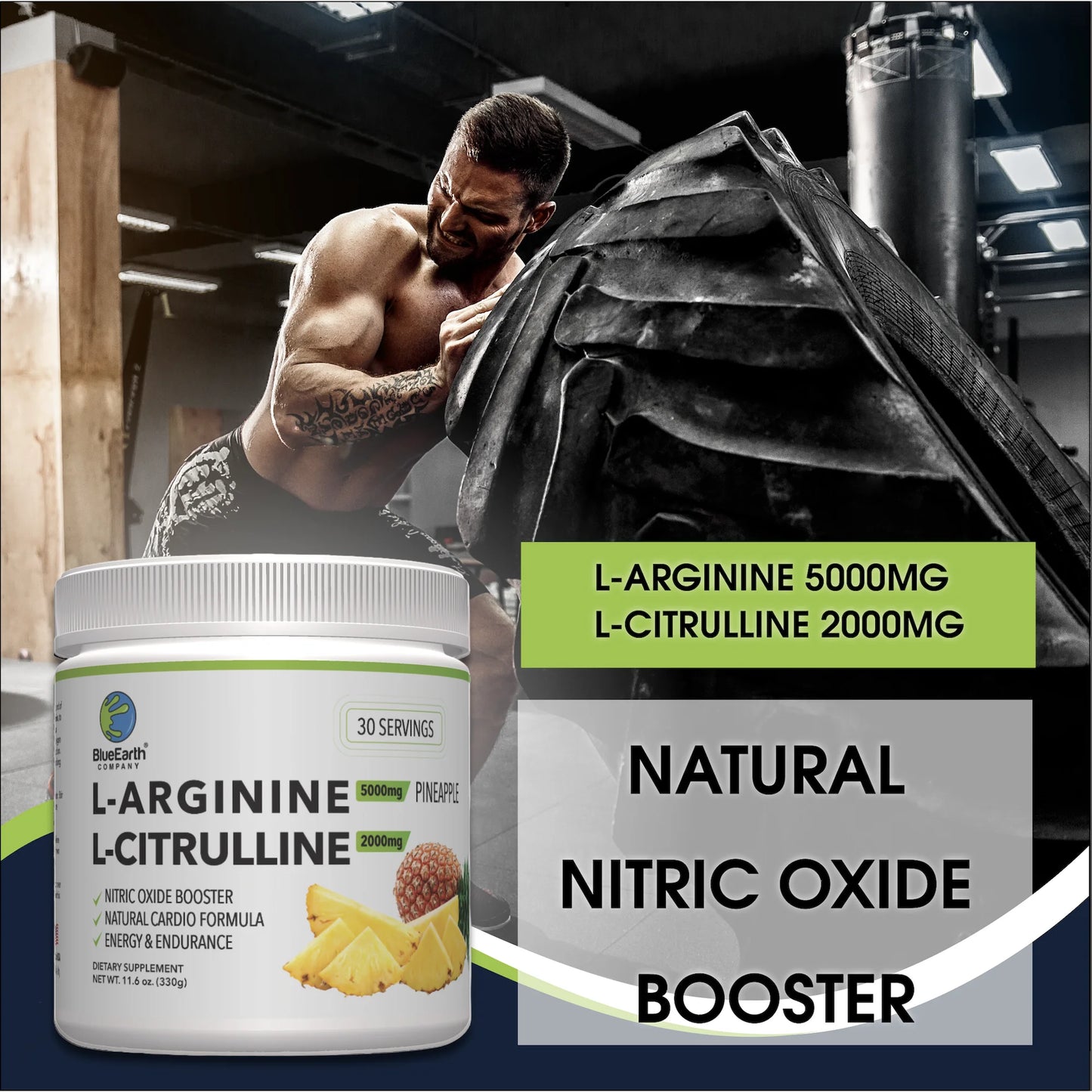 BlueEarth Company L-Arginine 5000mg + L-Citrulline 2000mg Complex Powder Supplement - Nitric Oxide Booster, Circulation, Energy & Endurance, Pineapple