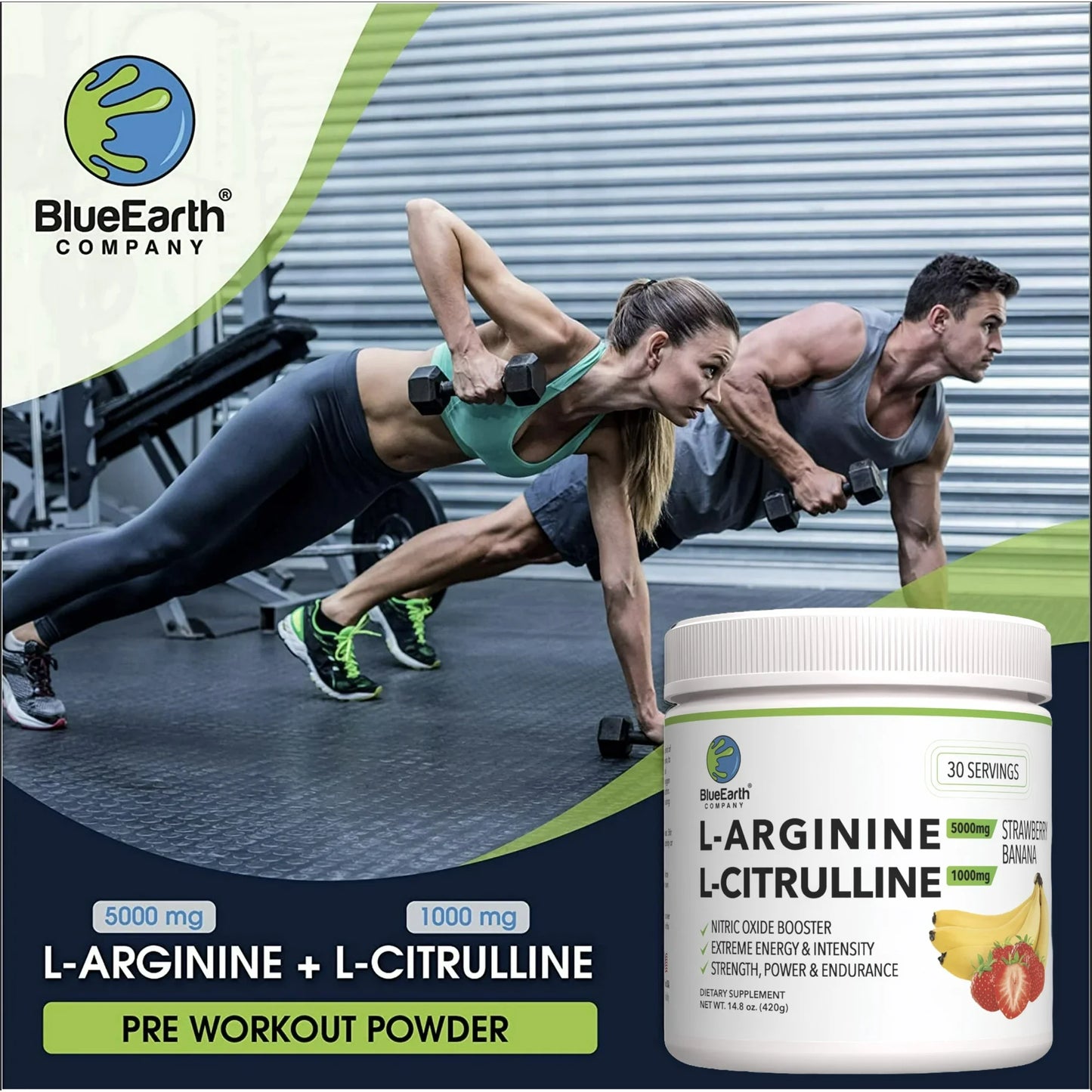 BlueEarth Company, Explosive Pre-Workout Powder, L-Arginine 5000mg + L-Citrulline 1000mg, Nitric Oxide Booster, Creatine Monohydrate + Beta Alanine