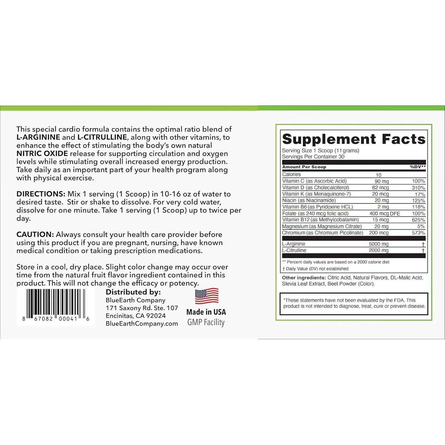 BlueEarth Company, Cardio Health Formula, Nitric Oxide Booster, L-Arginine 5000mg + L-Citrulline 2000mg, Blood Pressure Support, Berry Blend