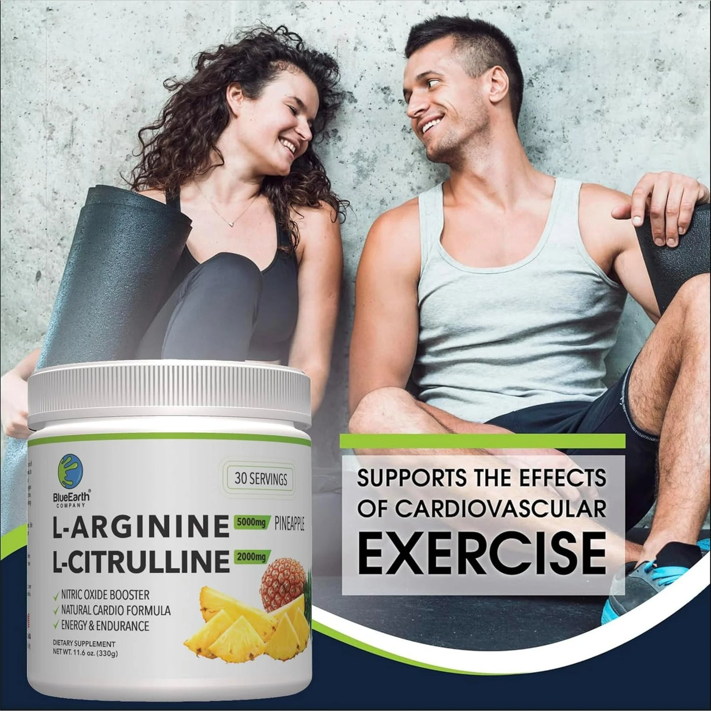 BlueEarth Company L-Arginine 5000mg + L-Citrulline 2000mg Complex Powder Supplement - Nitric Oxide Booster, Circulation, Energy & Endurance, Pineapple