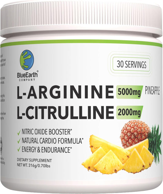 BlueEarth Company L-Arginine 5000mg + L-Citrulline 2000mg Complex Powder Supplement - Nitric Oxide Booster, Circulation, Energy & Endurance, Pineapple