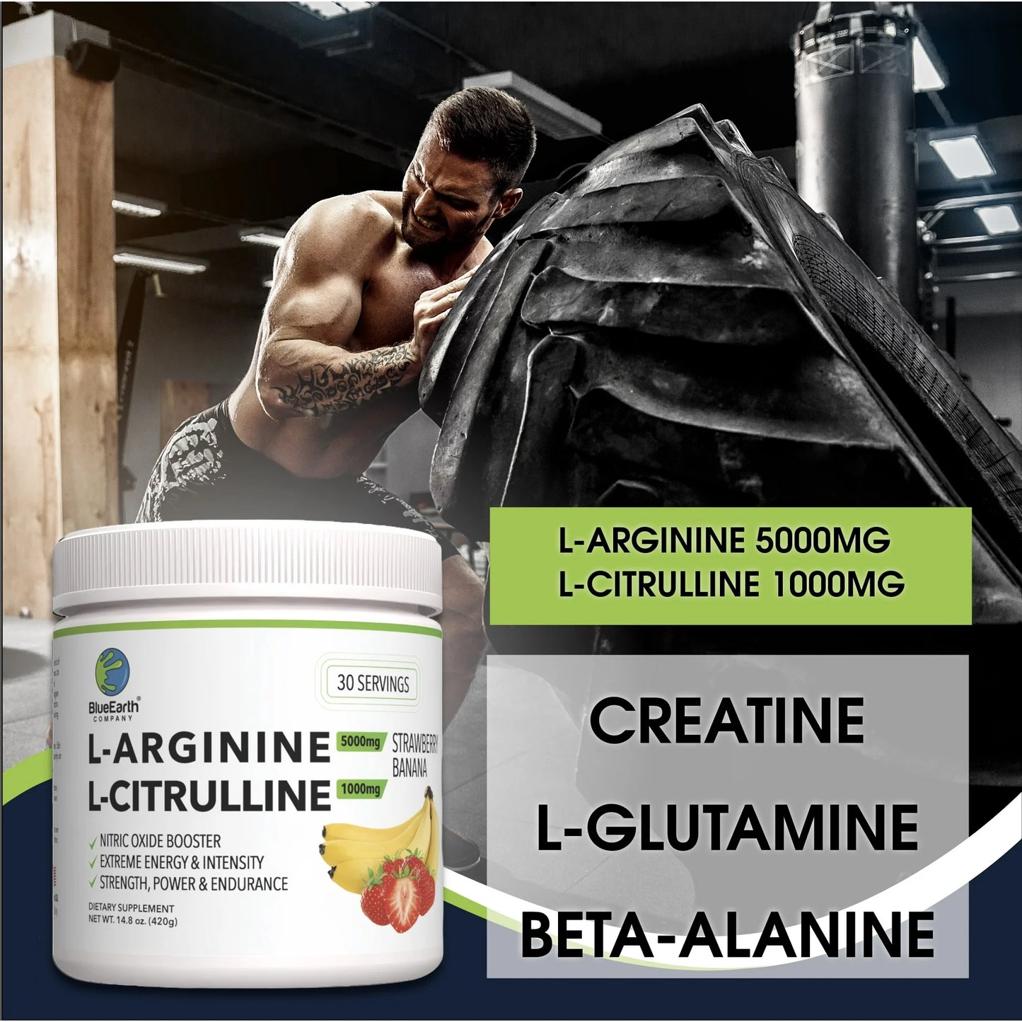 BlueEarth Company, Explosive Pre-Workout Powder, L-Arginine 5000mg + L-Citrulline 1000mg, Nitric Oxide Booster, Creatine Monohydrate + Beta Alanine