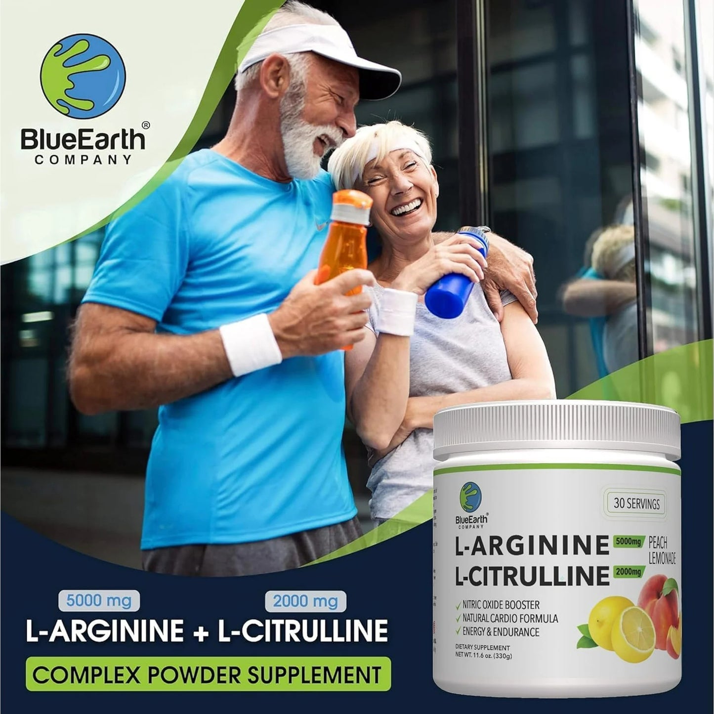 BlueEarth Company | Nitric Oxide Support Drink | L-Arginine + L-Citrulline | Daily Circulation Formula | Peach Lemonade Flavor
