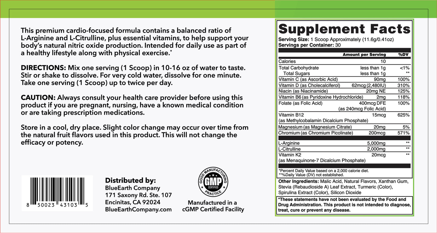 BlueEarth Company, Cardio Health Formula, Nitric Oxide Booster, L-Arginine 5000mg + L-Citrulline 2000mg, Blood Pressure Support, Green Apple