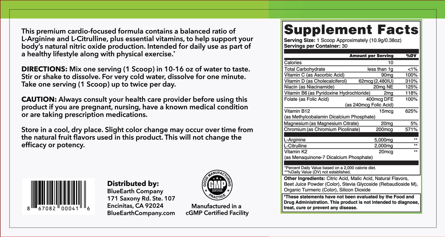 BlueEarth Company, Cardio Health Formula, Nitric Oxide Booster, L-Arginine 5000mg + L-Citrulline 2000mg, Blood Pressure Support, Berry Blend