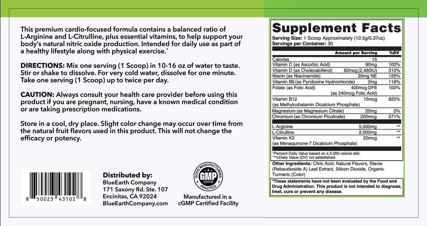 BlueEarth Company L-Arginine 5000mg + L-Citrulline 2000mg Complex Powder Supplement - Nitric Oxide Booster, Circulation, Energy & Endurance, Pineapple