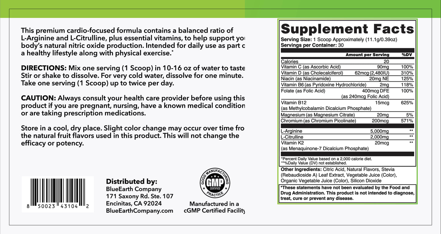 BlueEarth Company | Nitric Oxide Support Drink | L-Arginine + L-Citrul BlueEarth Company | Nitric Oxide Support Drink | L-Arginine + L-Citrul