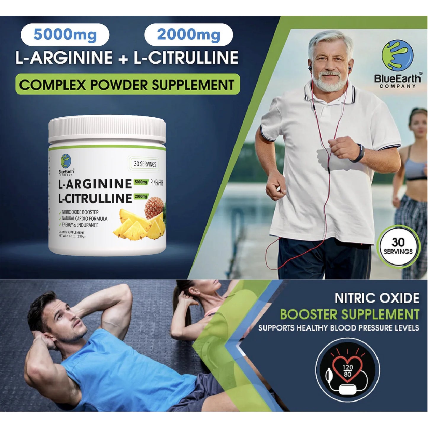 BlueEarth Company L-Arginine 5000mg + L-Citrulline 2000mg Complex Powder Supplement - Nitric Oxide Booster, Circulation, Energy & Endurance, Pineapple
